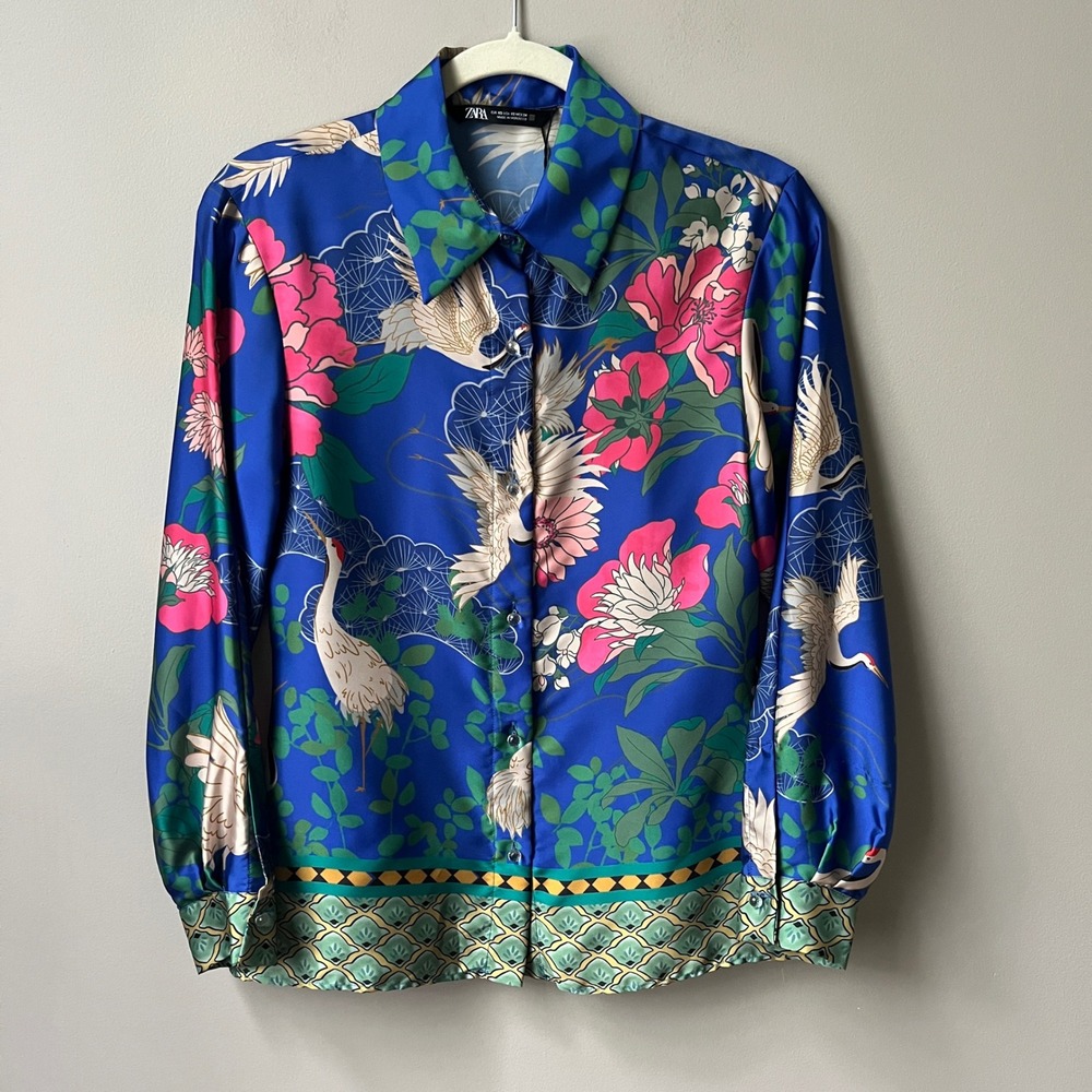 Zara Satin Blouse Top Women's XS New NWt Blue Cranes Asian Floral Chinoiserie
